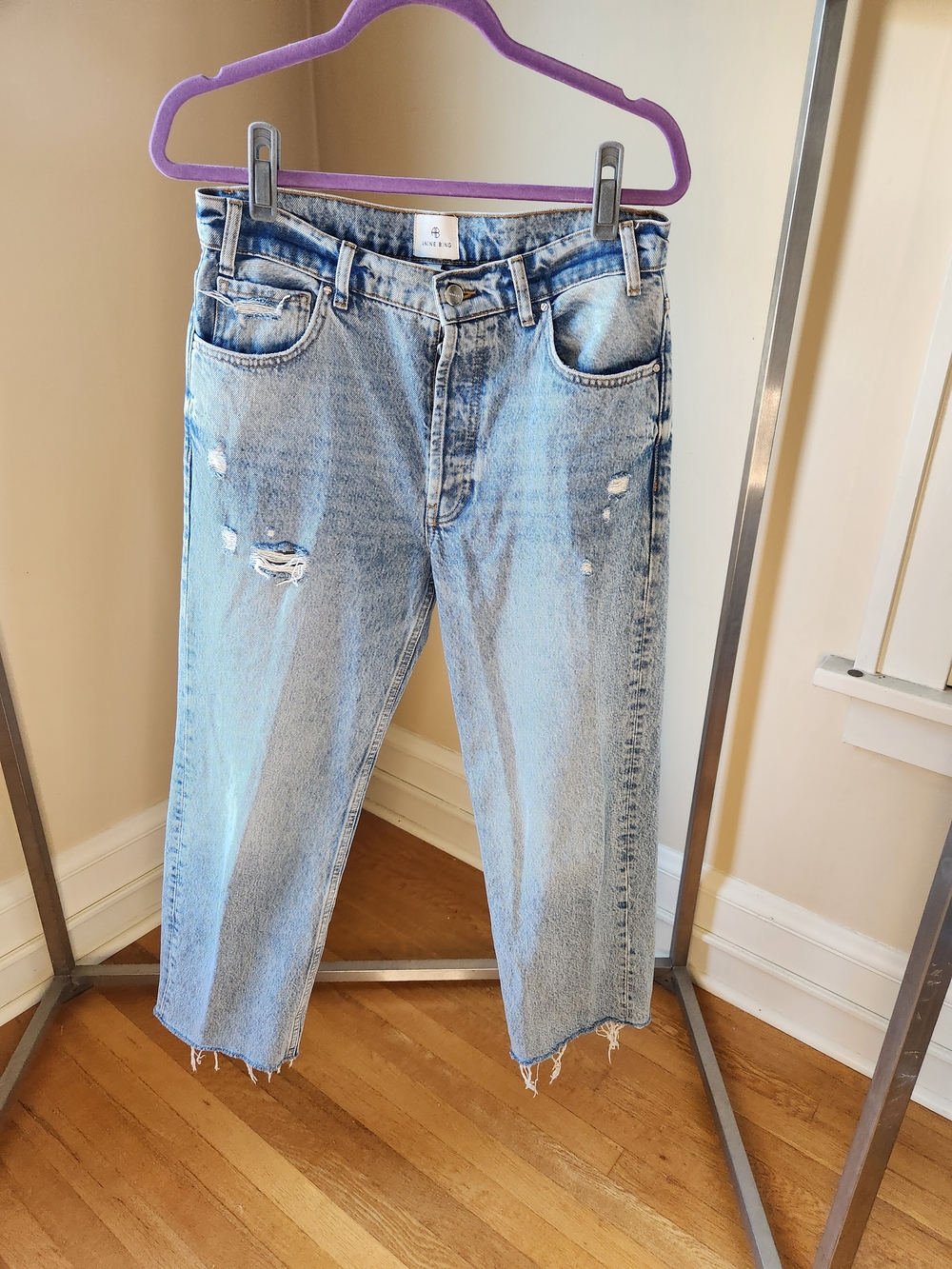 Anine Bing Light Blue Distressed Straight-Leg Jeans